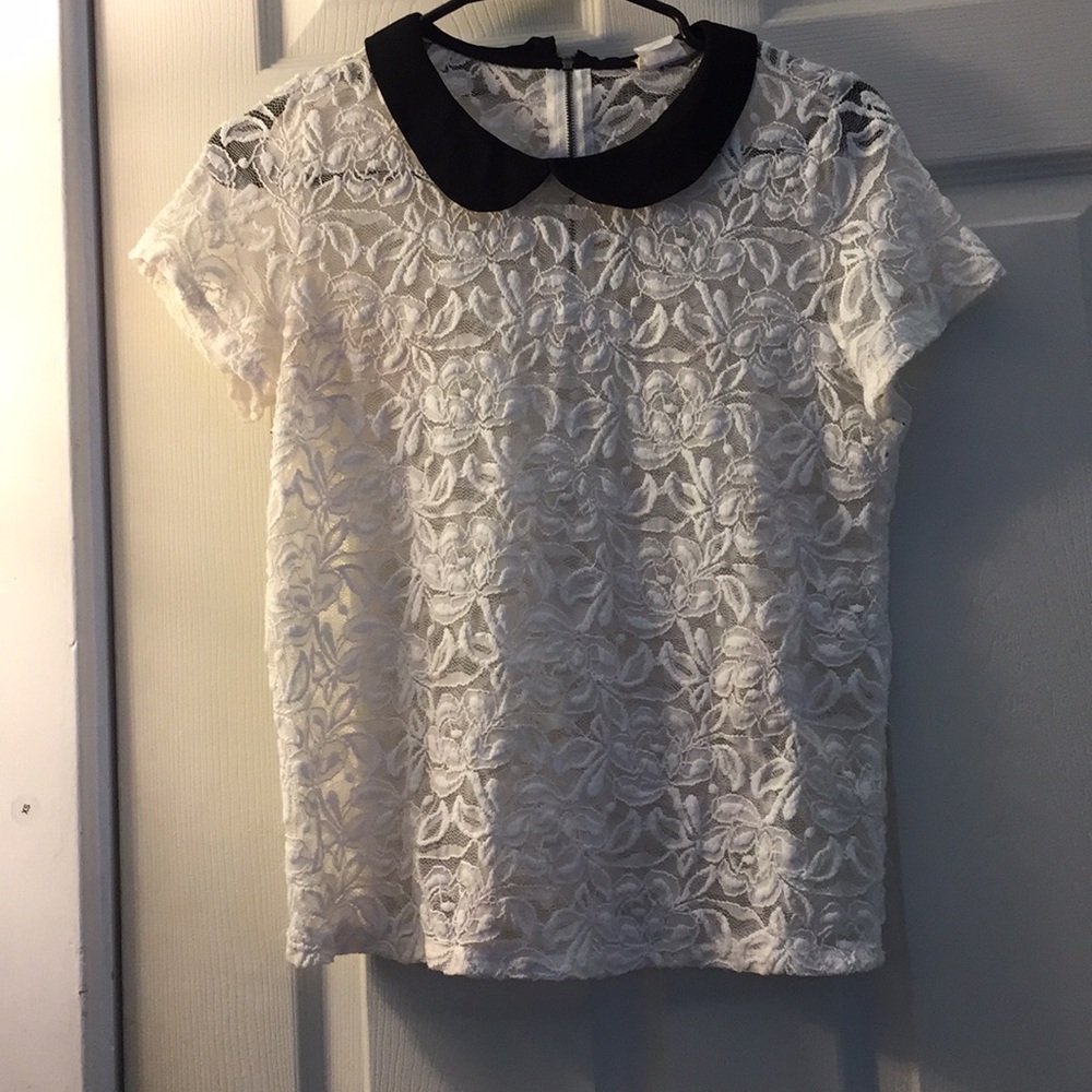 White lace top with black collar